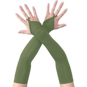 Women's Finger Loop Olive Elegant Stretchy Spandex Elbow Length Satin Gloves
